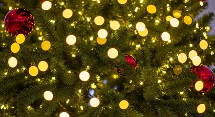 Closeup of a decorated christmas tree with red ornaments and warm yellow lights illuminating the branches