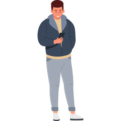 Young Man Standing Casually Holding a Smartphone in a Blue Jacket and Light Gray Pants Against a White Transparent Background