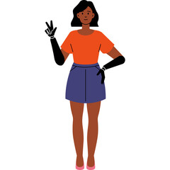 Young Woman With Black Prosthetic Arms Wearing Orange T Shirt Blue Skirt And Pink Shoes Making Peace Sign With Her Hand In Studio