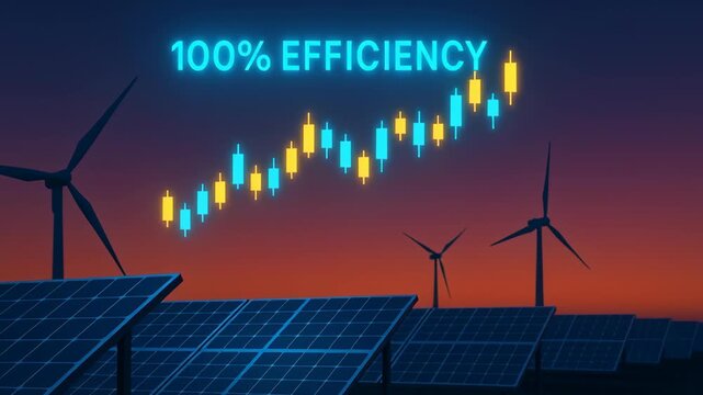 Renewable energy investment graph Glowing stock chart showcasing renewable energy success with wind turbines and solar panels, highlighting 100% - Powered by Adobe