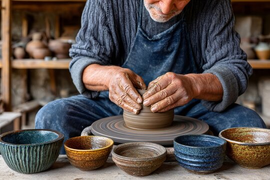 Artisan senior potter hands shaping clay bowl
