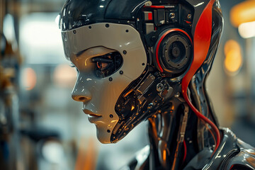 Fototapeta premium Advanced Humanoid Robot with Transparent Helmet and Futuristic Mechanical Design Generative AI