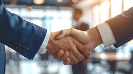 Businessmen shaking hands in a modern office setting, symbolizing partnership and agreement