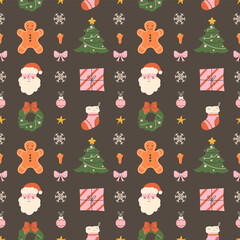 Christmas seamless pattern with Santa Claus wreath, bell, and gingerbread cookies on a dark background