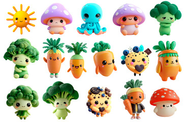 Naklejka premium Cute Kawaii Vegetable and Food Characters Collection PNG 3D