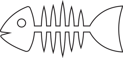 Fish skeleton icon in line style of fishbone silhouette vector illustration, seafood bones graphic symbol, marine element clipart and minimalist black design isolated on transparent background.