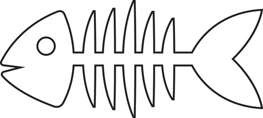 Fish skeleton icon in line style of fishbone silhouette vector illustration, seafood bones graphic symbol, marine element clipart and minimalist black design isolated on transparent background.