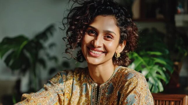 Confident indian housewife with curly hair smiling serenely in a natural, modern setting, perfect for wellness, lifestyle, or beauty brands needing authentic imagery