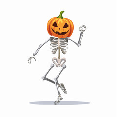 Fun Halloween Character Skeleton with Pumpkin Head in a Playful Pose