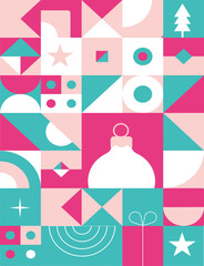 Vibrant abstract geometric holiday pattern featuring modern festive elements in dynamic pink and teal, perfect for winter celebration backgrounds and cheerful seasonal designs