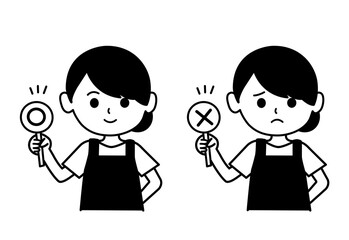 マルとバツを出す女性のイラスト　モノクロ,エプロンをした女性,先生,保育園,幼稚園,上半身,シンプル,店員,ショップ,素材,お母さん