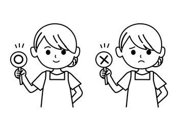 マルとバツを出す女性のイラスト　モノクロ,エプロンをした女性,先生,保育園,幼稚園,上半身,シンプル,店員,ショップ,素材,お母さん