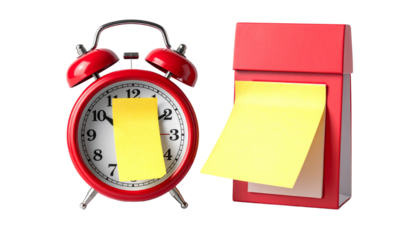 Alarm clock pair with tax reminder notes, isolated on transparent background