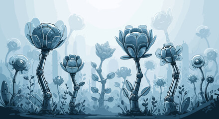 Illustration numérique d'un paysage floral futuriste bleu avec des plantes mécaniques et une atmosphère brumeuse.