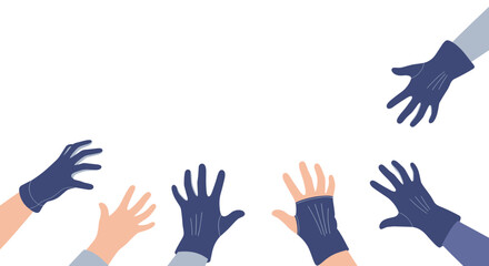 Fototapeta premium Hands reaching out with gloves in various skin tones on white background 