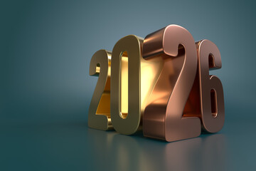 2026 golden and copper numbers standing on reflective surface