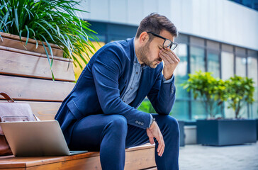 Unemployment problem. Fired depressed businessman sitting in front of corporation. Business concept