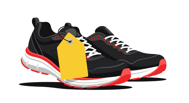 Black running shoes with yellow discount tag on a white background  