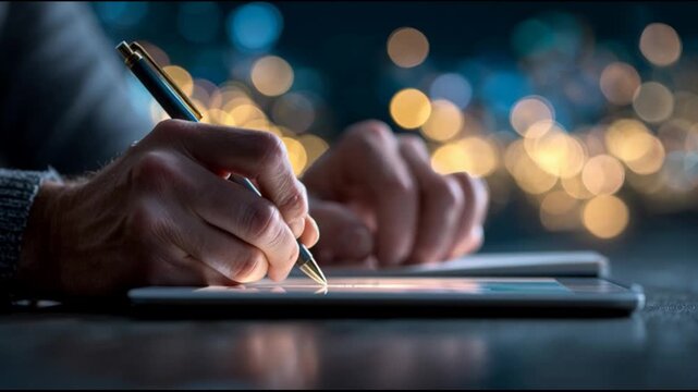 Close up of hands writing with pen on notepad against bokeh background