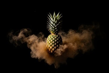 Vibrant Tropical Pineapple Surrounded by a Golden Dust Cloud on a Dramatic Black Background