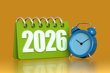 Green desktop calendar showing 2026 standing next to a blue alarm clock on an orange background