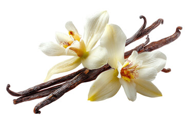 Close-up view of vanilla beans with creamy white flowers, beautifully illuminated against dark stems