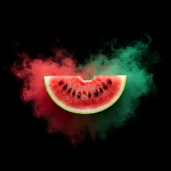 Dynamic Studio Shot of a Fresh, Juicy Watermelon Slice with a Bite, Artistically Enhanced by Swirling Vibrant Red and Green Smoke on a Deep Black Background, Emphasizing Refreshment and Summer Vibes.