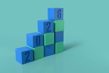 Ascending bar chart with cubes showing 2026 approaching