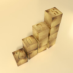 Wooden cubes forming an ascending bar chart showing the year 2026
