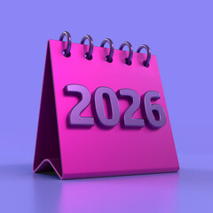 Pink desk calendar showing year 2026 on purple background
