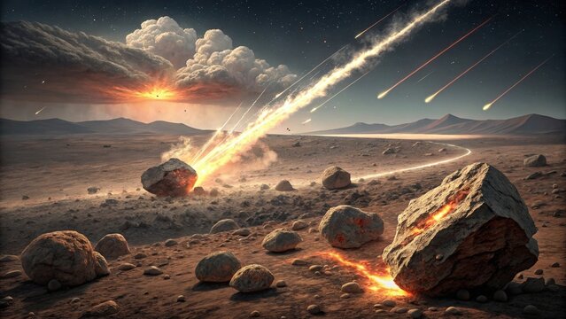 A fiery meteor impact blasting rocks and fragments on barren ground