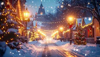 夕暮れ時の街を照らす街灯とクリスマス装飾が、雪の降る中で温かく輝く屋外シーンです。
青みがかった空とオレンジの光が織りなす美しいコントラストが、映画のような情緒を演出。
冬の静けさとホリデーの温もりが融合した、ロマンチックで幻想的なビジュアル。