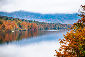 Fototapeta premium Lake Bohinj bathed in autumn magic. The kingdom of the golden-horned ibex.