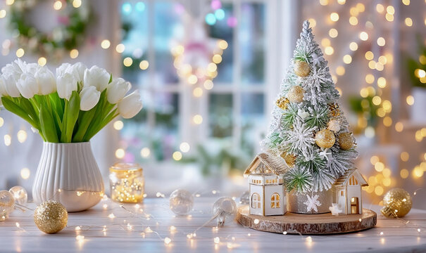 Christmas decor and tulips with glowing lights and festive ornaments	