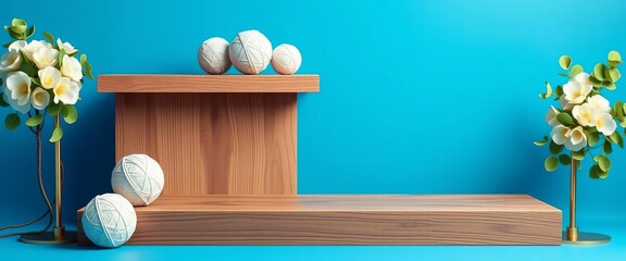 Empty wooden podium, laundry balls, eucalyptus, blue background,  natural,  background