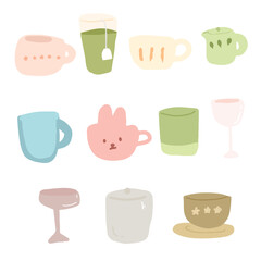 Various Cute Mug Clipart Set. Hand-Drawn Coffee and Tea Cup Illustration Isolated on White Background.  Set of colored mugs with coffee tea.  