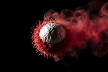 Vibrant Exotic Rambutan Fruit with Peeling Skin and Swirling Crimson Smoke on a Dramatic Black Background