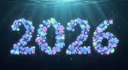 Underwater 2026 New Year Celebration Jellyfish Formation with Light Rays