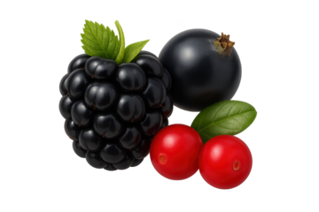 Close-up of ripe blackberry with two red berries and dark berry, plus green leaf