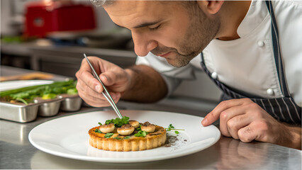 Professional chef meticulously plating an elegant gourmet mushroom tart, showcasing culinary precision and artistry for upscale restaurant menus and fine dining concepts