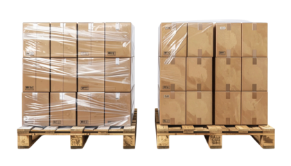  Shrink-wrapped pallet of cardboard boxes duo for warehouse and logistics branding, isolated on transparent background