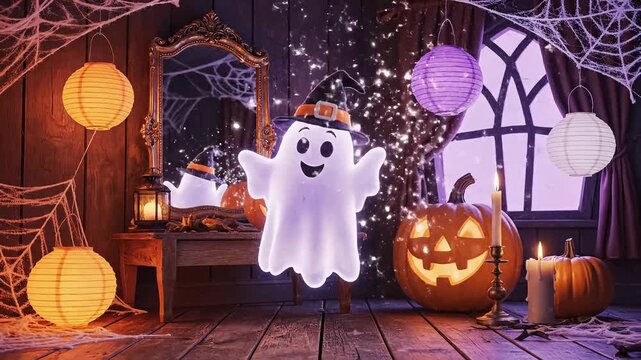 Cute Halloween ghost with a pumpkin and spiderwebs a spooky holiday scene perfect for seasonal decorations and greeting cards