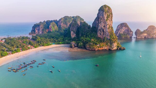 Railay beach with long tail boat in Krabi, Thailand.