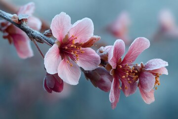Pink peach blossoms covered with delicate frost layering