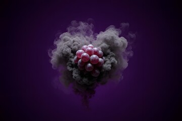 Vibrant Red Grape-like Spheres Enveloped in Billowing Dark Smoke and Liquid Ink Against a Deep Purple Abstract Background