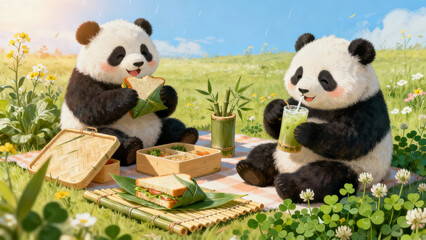 ピクニックするパンダ