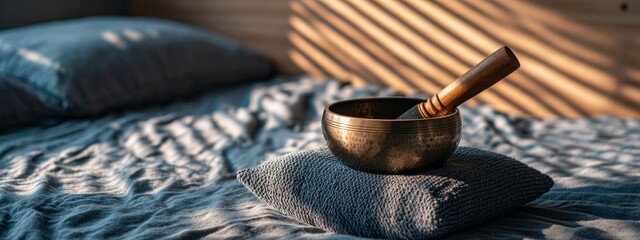 An inviting scene featuring a singing bowl placed on a bed, prepared for a sound healing session with gentle morning light.