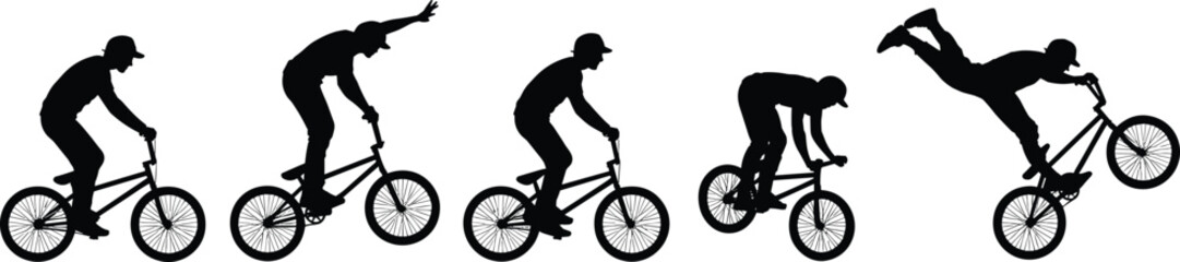 Fototapeta premium BMX stunt silhouette sequence, extreme sports action, bike trick illustration, cad drawing flat vector illustration, dynamic motion, freestyle rider pose