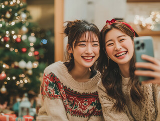 Asian young adults wearing cozy sweaters, taking selfie near Christmas tree in small living room