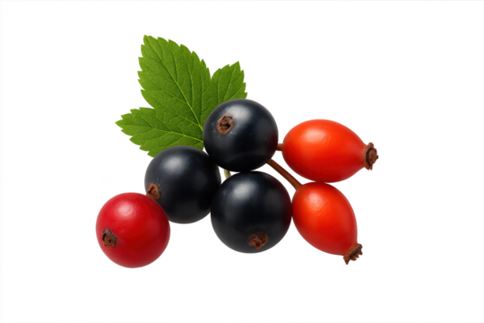 Cluster of ripe red and dark purple berries with green leaves on transparent background